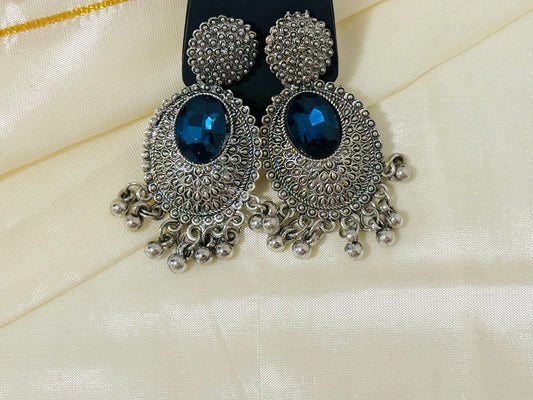 Regal Oxidized Silver Drop Earrings with color Stone