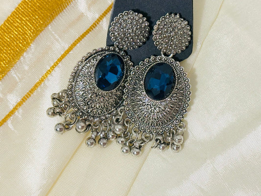 Regal Oxidized Silver Drop Earrings with color Stone
