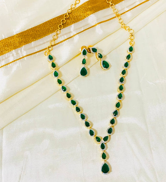 Elegant Emerald Green Teardrop Necklace (gold and silver tone chain) and Earring Set