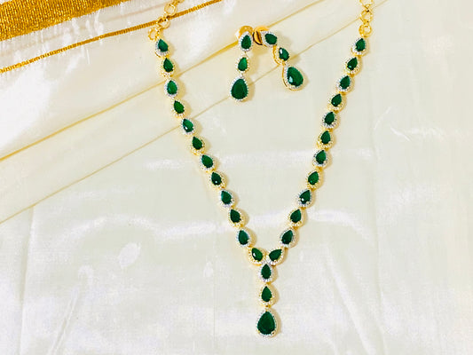 Elegant Emerald Green Teardrop Necklace (gold and silver tone chain) and Earring Set