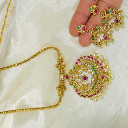 South Indian Style Gold Pendant and Earring Set with Pearl Drops