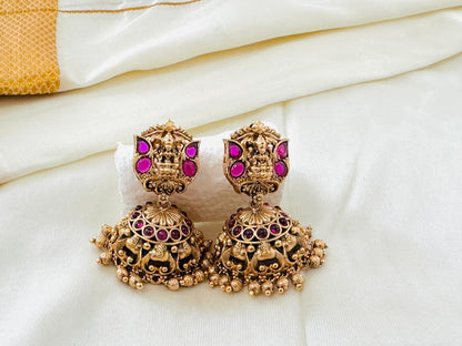 Grand Antique Gold-Toned Lakshmi Haram Necklace and Stud Earring Set with Ruby Accents