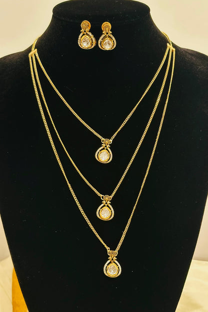 Exquisite Gold-Toned Multi-Layered Necklace & Earring Set with Sparkling Teardrop Pendants