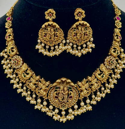 Gold Temple Jewelry Set with Pearl Drops - Radha Krishna Motif