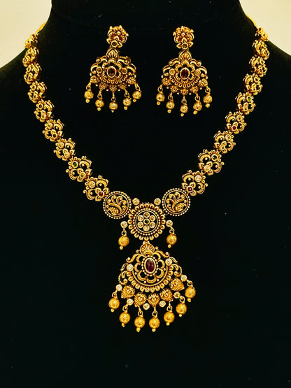 Antique Matte Gold Floral Necklace with Earring Set