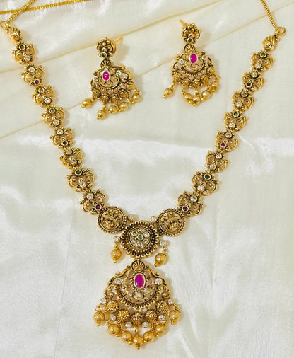 Antique Matte Gold Floral Necklace with Earring Set