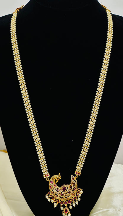 Pearl Necklace Set with Peacock Pendant - Exquisite Haram, South Indian Style
