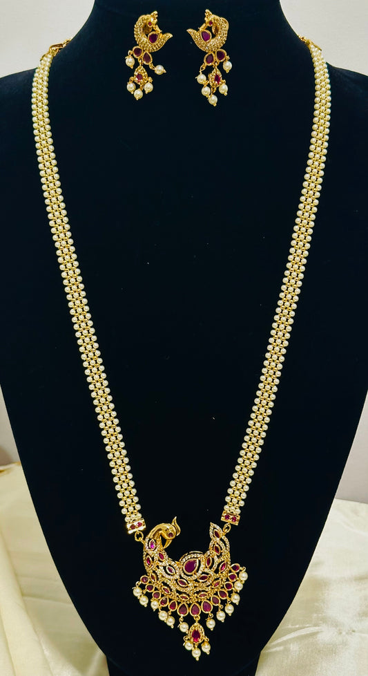 Pearl Necklace Set with Peacock Pendant - Exquisite Haram, South Indian Style