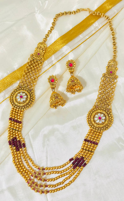 Antique Gold Long Necklace & Jhumka Earring Set (Multi-Layered Haaram)