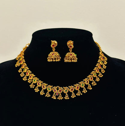 Traditional Indian Gold Choker Necklace and Jhumka Earring Set