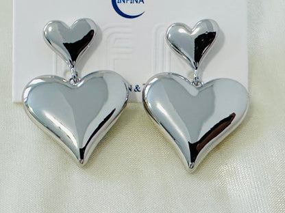 Silver-Toned Double Heart Drop Earrings