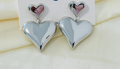 Silver-Toned Double Heart Drop Earrings