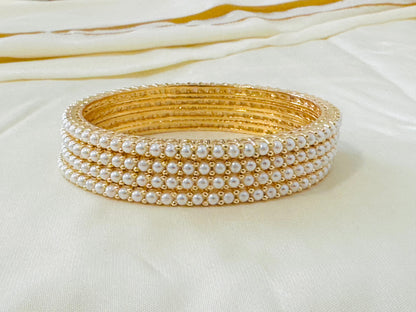 Elegant Gold-Toned & Pearl Beaded Bangles (Set of 4)