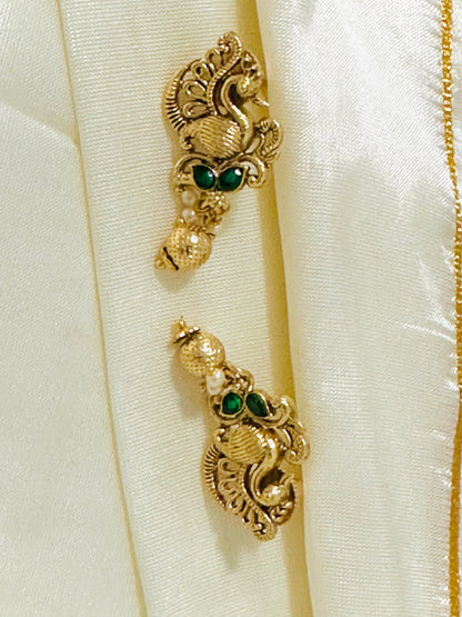 Enchanting Gold-Toned Peacock Drop Earrings with Pearl Accents