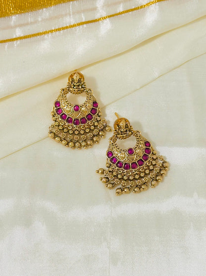 Regal Gold-Toned Lakshmi Temple Chandbali Earrings with Ruby and Pearl Drops