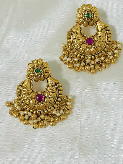Exquisite Gold-Toned Floral Chandbali Earrings
