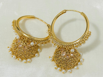 Vibrant Gold-Toned Jhumka Hoop Earrings with color Beads