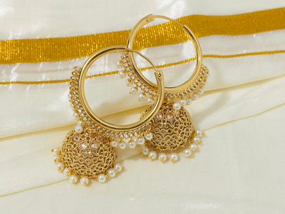 Vibrant Gold-Toned Jhumka Hoop Earrings with color Beads
