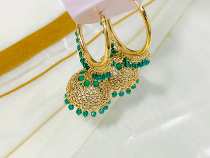 Vibrant Gold-Toned Jhumka Hoop Earrings with color Beads