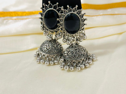 Grand Oxidized Silver Jhumka Earrings with Bold Black Stone