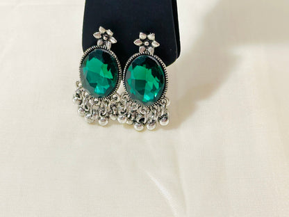 Striking Oxidized Silver Drop Earrings with color Stone