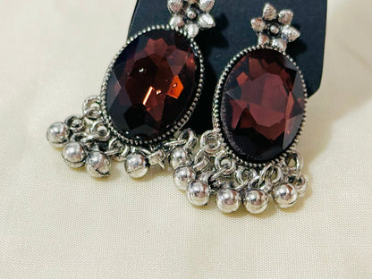 Striking Oxidized Silver Drop Earrings with color Stone