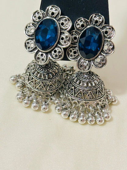 Enchanting Oxidized Silver Jhumka Earrings with color Stone