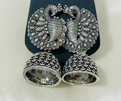 Exquisite Oxidized Silver Peacock Jhumka Earrings