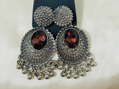 Regal Oxidized Silver Drop Earrings with color Stone