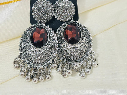 Regal Oxidized Silver Drop Earrings with color Stone